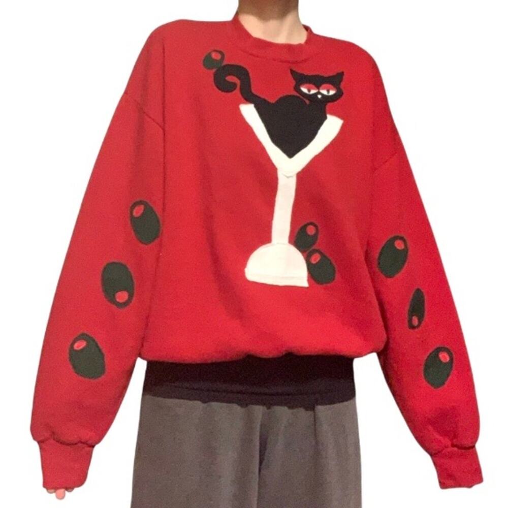 Custom Upcycled Red Cat Martini Glass Patchwork Sweatshirt XL